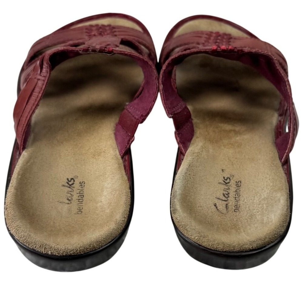 Clarks Slide Sandals Womens 8.5M Burgundy Leather Woven Bendables Comfort Casual - Picture 8 of 15